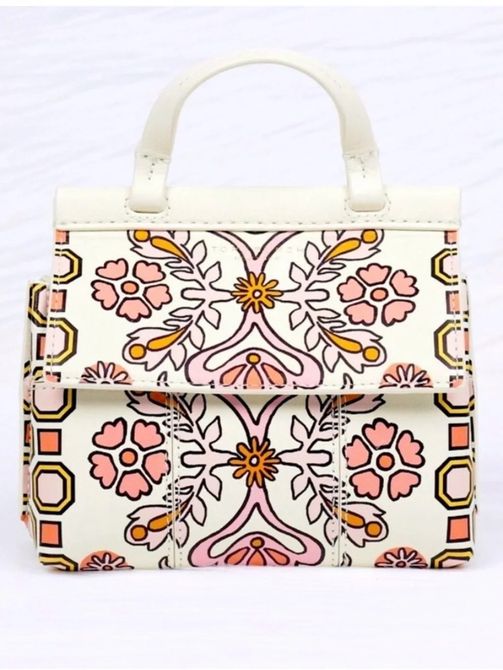 Tory Burch Cream Mini Top-Handle Bag with Pink & Gold Floral Print - Picture 1 of 11
